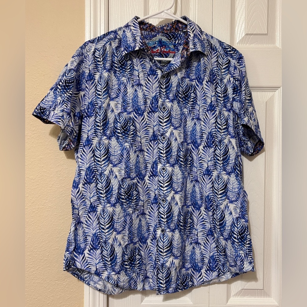 Robert Graham $198 EWING Palm Leaf Print Blue Short Sleeve Shirt Size Medium